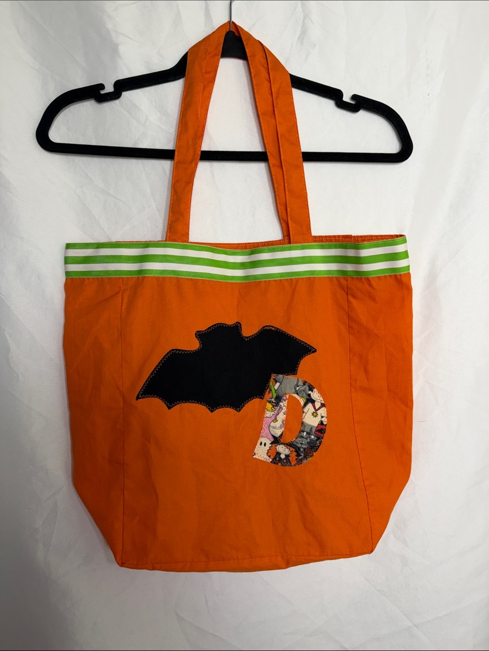 Handmade Halloween Trick-or-treat Bag Orange Monogram Letter D Vintage Art Bat